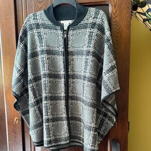 Max Studio Muted Green Black & Cream White Plaid Cape